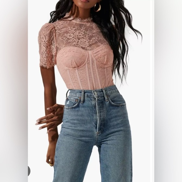NWOT Astr Lacie Illusion Lace Bodysuit in Dusty Pink Bustier Bodysuit Sz XL - Picture 2 of 12